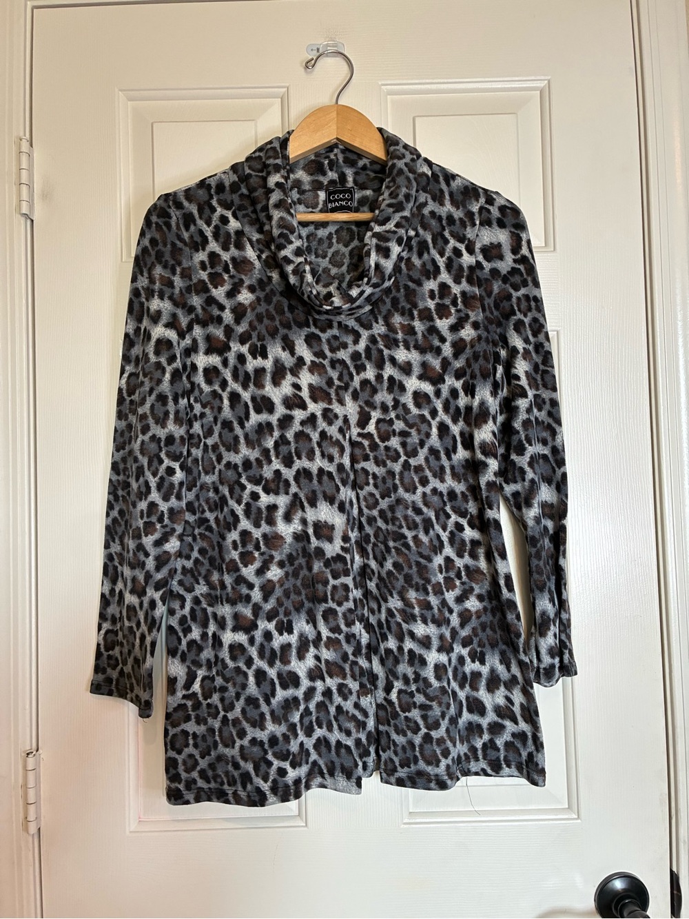 Coco Bianco Grey and Black Leopard Cowl Neck Long Sleeve Top
